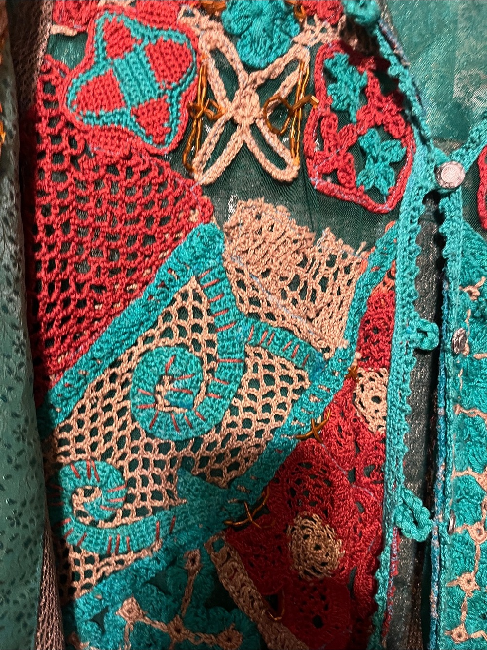 Stunning Crochet Patchwork Cardigan in Teal, Rust & Tan - Picture 3 of 8